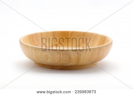 Empty Wooden Bowl Isolated On White Background, Kitchen Untensil