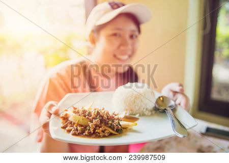 Thailand Street Food Delicious Tasty Of Jasmine Rice Top With Pork Chop Stir-fried With Basil Leaf A