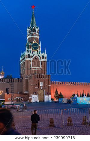 Moscow, Russia - April 30, 2018: View Of The Spasskaya Tower Of The Moscow Kremlin From Red Square O