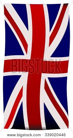 The Flag Of Great Britain Verticaly Hanging And Isolated On A White Background