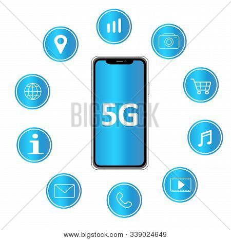 5g Technology Icons Set. Outline Set Of 5g Technology Vector Icons For Web Design Isolated On Blue C
