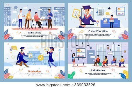 Modern College, University Students Activities And Routine Trendy Flat Vector Banners, Posters Set. 