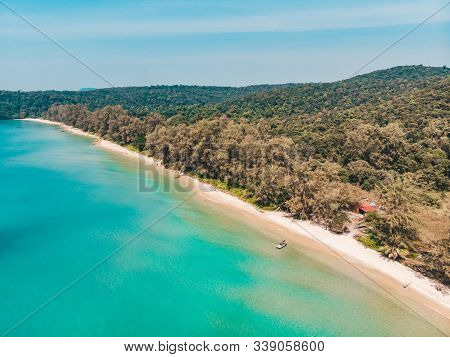 Long Deserted Beach With White Sand And Clear Water. Aerial Top View From Above. Island Koh Rong Sam