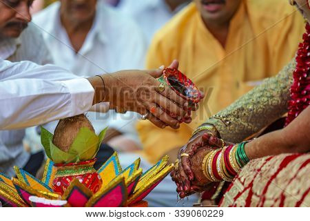 Traditional Indian Wedding Ceremony, Decorative Coper Kalash With Green Leaf And Coconut ,groom Hold