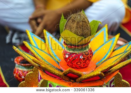 Traditional Indian Wedding Ceremony, Decorative Coper Kalash With Green Leaf And Coconut ,groom Hold