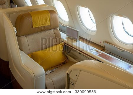 Luxury First Or Business Class Suite In Gold Color Feel Private For Travel.business Comfort And Eleg