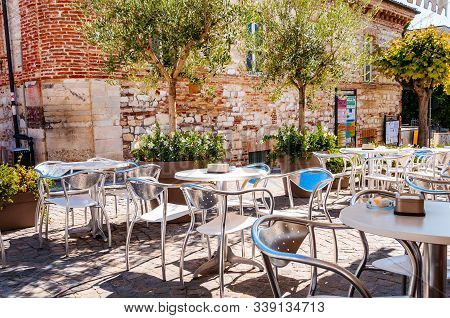 Numana, Ancona, Marche, Italy - September 11, 2019: Young Olive Trees Growing In A Big Flowerpots Wi