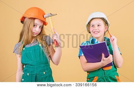 Little Kids In Helmet With Tablet And Hammer. Happy Children. Future Career. Foreman Inspector. Repa