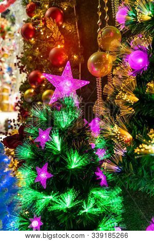 Christmas fiber optic decorated Tree with dectoration,holiday concept.