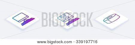 Set Isometric Line Computer Monitor With Keyboard, Computer With Keyboard And X Mark And Scotch. Whi