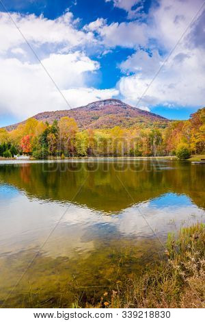 Yonah Mountain, Georgia, USA autumn landscape and lake.