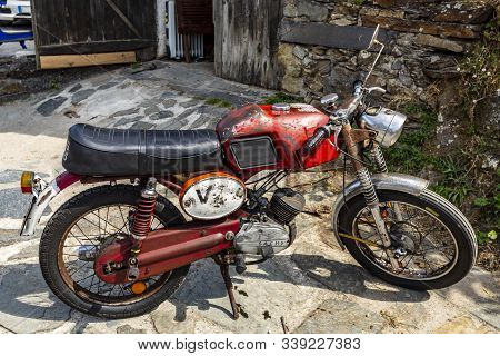 Talasnal, Portugal - August 22, 2019: Detail Of An Old Sis Sachs V5 Sport Classic 50cc Motorbike Of 