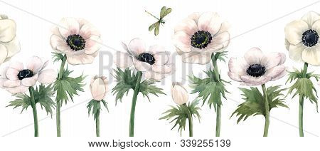 Beautiful Watercolor Floral Seamless Pattern With Anemone And Lavanda Flowers. Stock Hand Drawn Illu