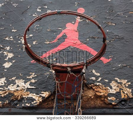 Kyiv, Ukraine -  February 1, 2018: Jumpman Logo By Nike Painted On The Old Black Backboard Of The Ba
