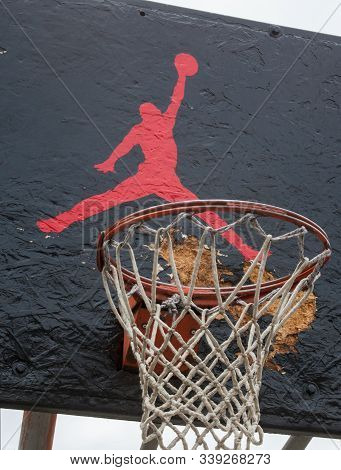 Kyiv, Ukraine -  April 21, 2016: Jumpman Logo By Nike Painted On The Black Backboard Of The Old Bask