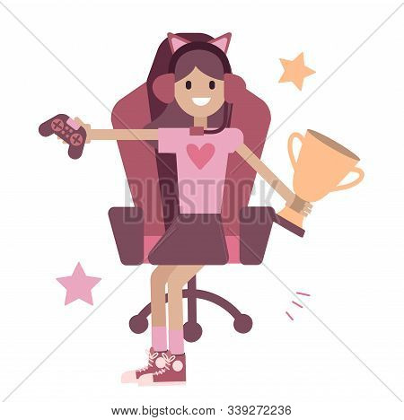 Vector Gamer Pink Girl On A White Background In Flat Style. Gaming Chair, Computer, Mouse, Speakers,