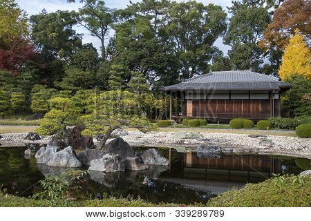 Kyoto, Japan- 25 Nov, 2019: Seiryu-en Garden And Teahouse At Nijo Castle In Kyoto Japan. A Flatland 