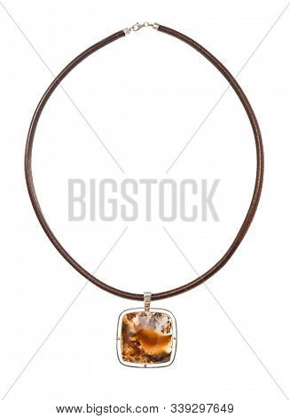 Pendant From Polished Natural Moss Agate With Dendritic Inclusion On Leather Lace Isolated On White 