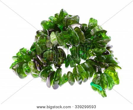 Tangled String Of Beads From Natural Tumbled Chrome Diopside Gemstone Isolated On White Background