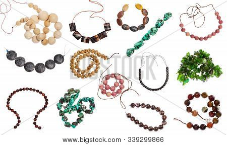 Set Of Various Strings Of Beads Isolated On White Background