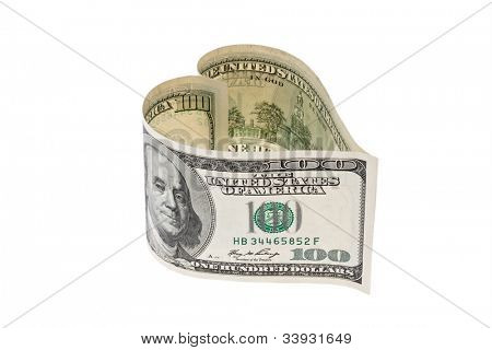 $ 100 bill into a heart shape. against a white background