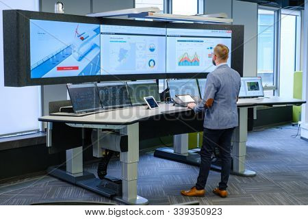 Kaliningrad, Russia - April 10, 2019: Engineering monitoring system with multiple screens demonstration