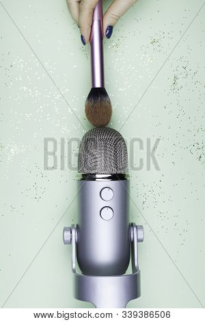 Woman Hands Move Brush Around Professional Michrophone - Process Of Making Asmr Sounds. Recording Of