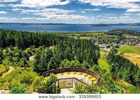 Rotorua Lake And Luge Ride Track View From The Top Of The Hill, New Zealand