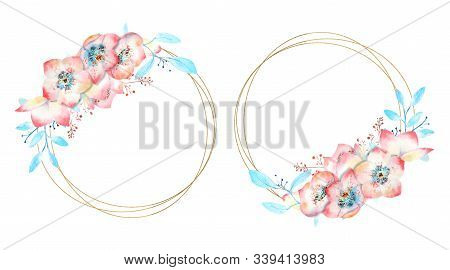 2 Frames With Pink Frostflowers On A Round Frame On A White Isolated Background. Bouquet At The Top 