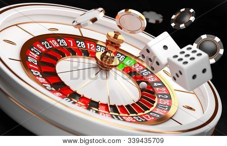 Casino Background. Luxury Casino Roulette Wheel On Black Background. Casino Theme. Close-up White Ca