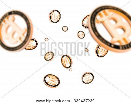 Bit Coin. Falling Gold Cryptocurrency Isolated On White Background. Litecoin, Ethereum Cryptocash