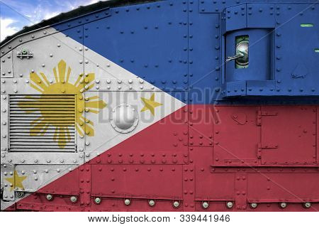 Philippines Flag Depicted On Side Part Of Military Armored Tank Closeup. Army Forces Conceptual Back