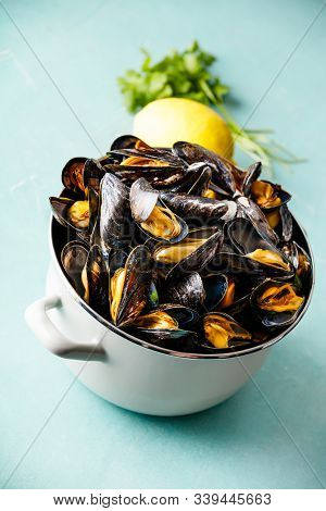 Pot Full Of Steamed Mussels On Blue Background