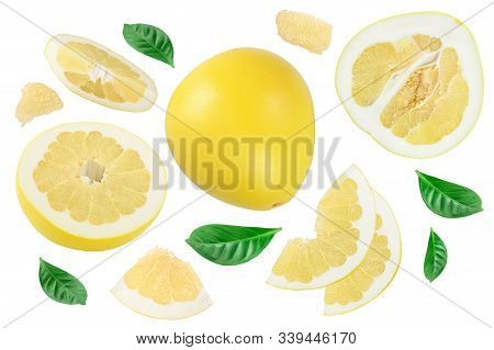 Pomelo With Slice And Leaf Isolated On White Background. Top View. Flat Lay.