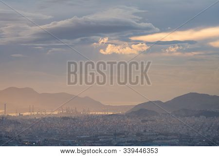 View Of Athens, Port Of Piraeus And Salamina Island From Lycabettus Hill.