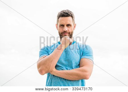 Thoughtful Man Isolated On White. Sportsman With Athletic Body. Coach In Fitness Gym. After Workout.