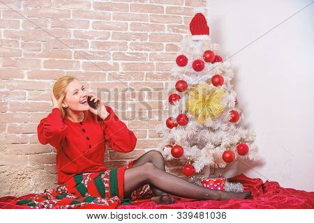 Waiting For Christmas. Voicemail Greeting. Woman Cheerful Hold Smartphone Enjoy Mobile Phone Convers
