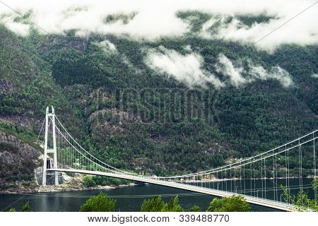 Hardanger Bridge Over Fjord Eidfjorden In Norway, Scandinavia, Hordaland County