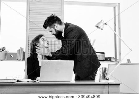 Close Intimite Workplace Relationship. Boss And Secretary Having Romantic Relationship. Loving Relat