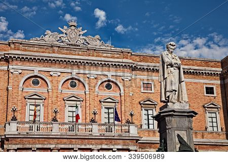Recanati, Marche, Italy: The Main Square With The Statue Of The Poet Giacomo Leopardi And The City H