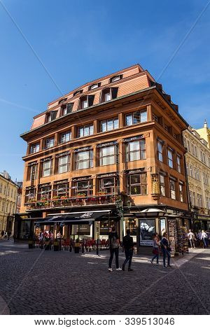 Prague, Czech Republic - April 21 2018: Tourist Walk Around The Cubist House Of The Black Madonna De