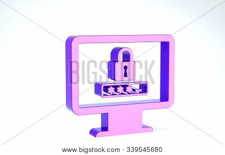 Purple Monitor With Password Notification And Lock Icon Isolated On White Background. Security, Pers