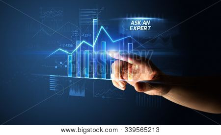 Hand touching ASK AN EXPERT button, business concept