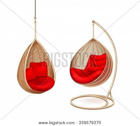Wicker Hanging Swing Chairs Set With Two Isolated Images Of Modern Lounge With Soft Pillows Vector I
