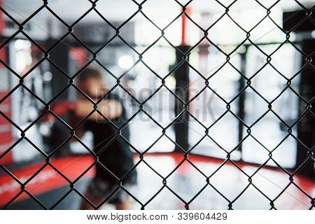 Image Focus Technique. Young Boxer In Red Bandages Have Exercise. In The Gym On The Cage.