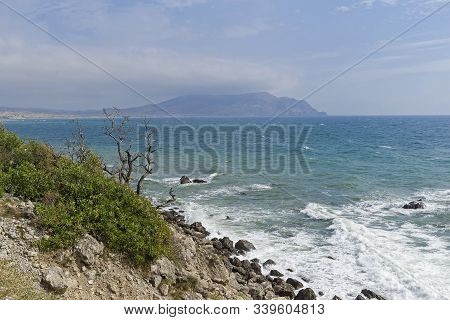 Crimea. Clouds And Haze Over Kapsel Bay. View From Cape Alchak Towards Cape Meganom.