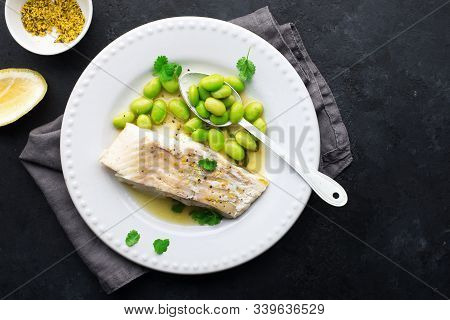 Fishplate. Sea White Cod Fish With A Side Dish Of Vegetables And Mushrooms On A Plate. Top View,