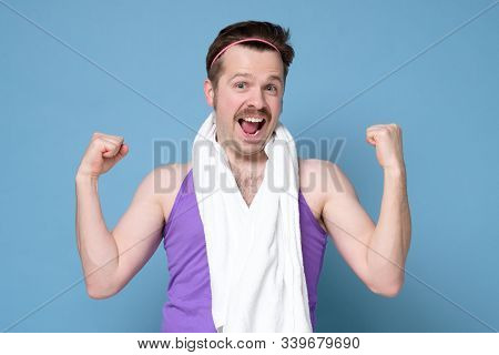 Happy Smiling Caucasian Man With Mustache With Towel Is Excited With His Results. Going In For Sport