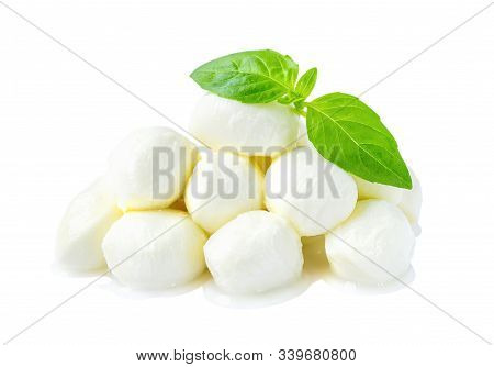 Heap Of Mini Mozzarella Cheese Balls And Basil Isolated On White Background. Healhy Mediterranean Cu