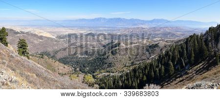 Rocky Mountain Wasatch Front Peaks, Panorama Landscape View From Butterfield Canyon Oquirrh Range By